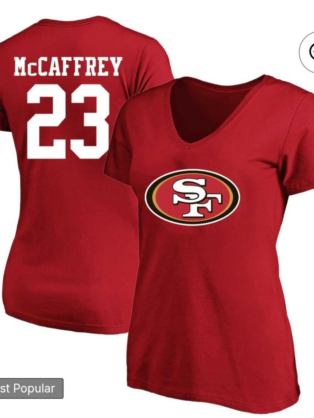 San Francisco 49ers Women's Red V-Neck T-Shirt - McCaffrey 23